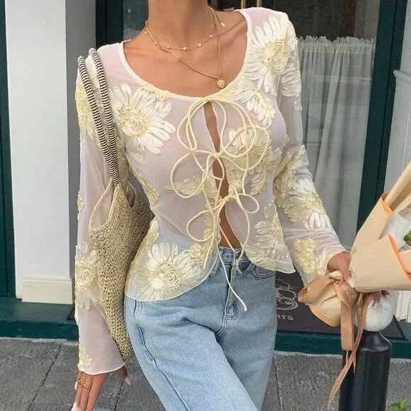 Apricot Elegant Women's Floral Mesh Long Sleeve Blouse - Picture 3 of 6